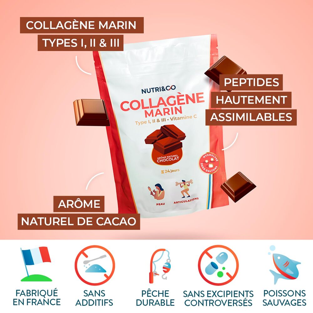 Nutri&Co Collagène marin type 1, 2 et 3 - goût cacao - 240 g
