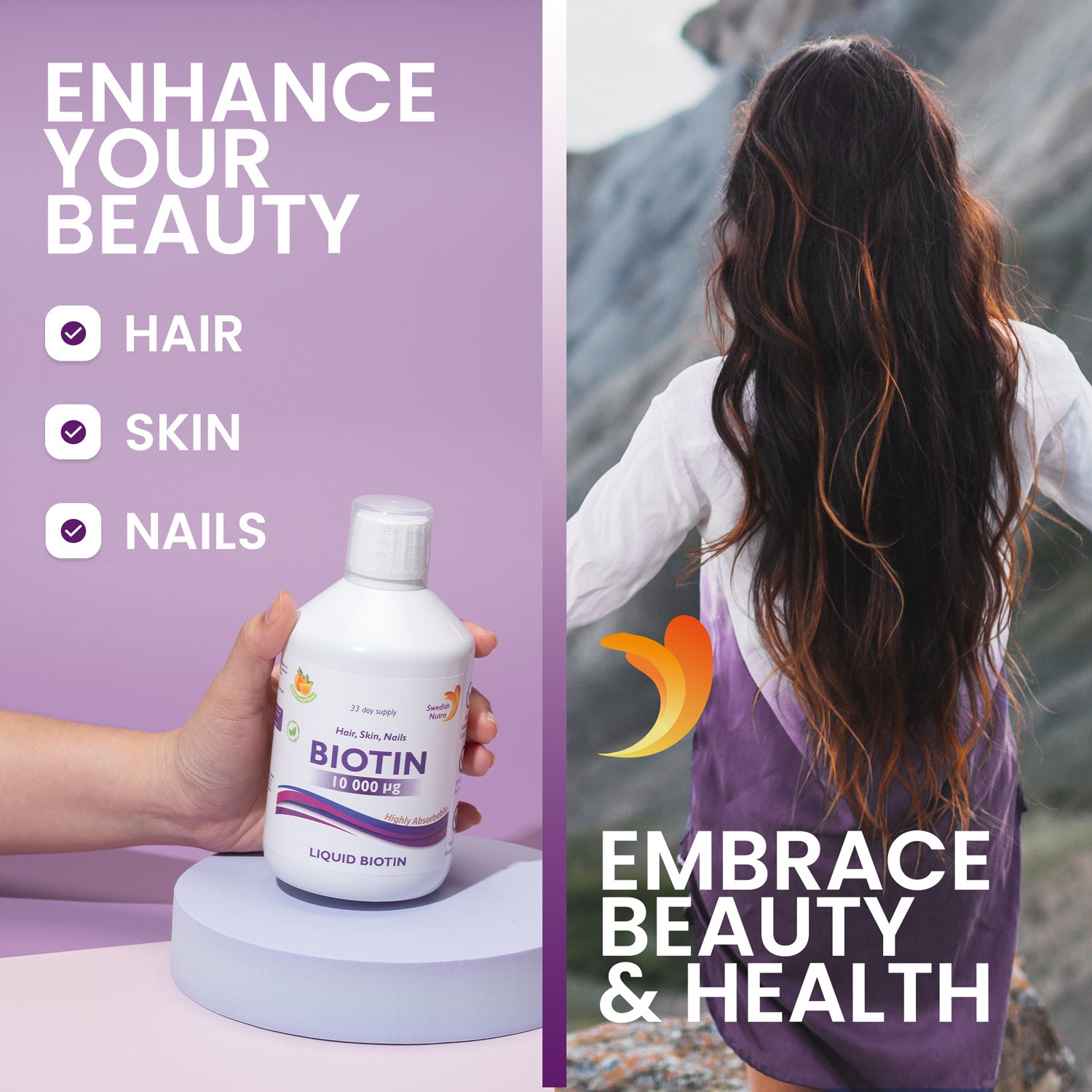 Swedish Nutra Biotine Liquide 10 000µg 500 ml – Biotine & Vitamine C pour Cheveux, Peau et Ongles | absorption rapide, vegan, sans gluten, arôme naturel d'orange 100%