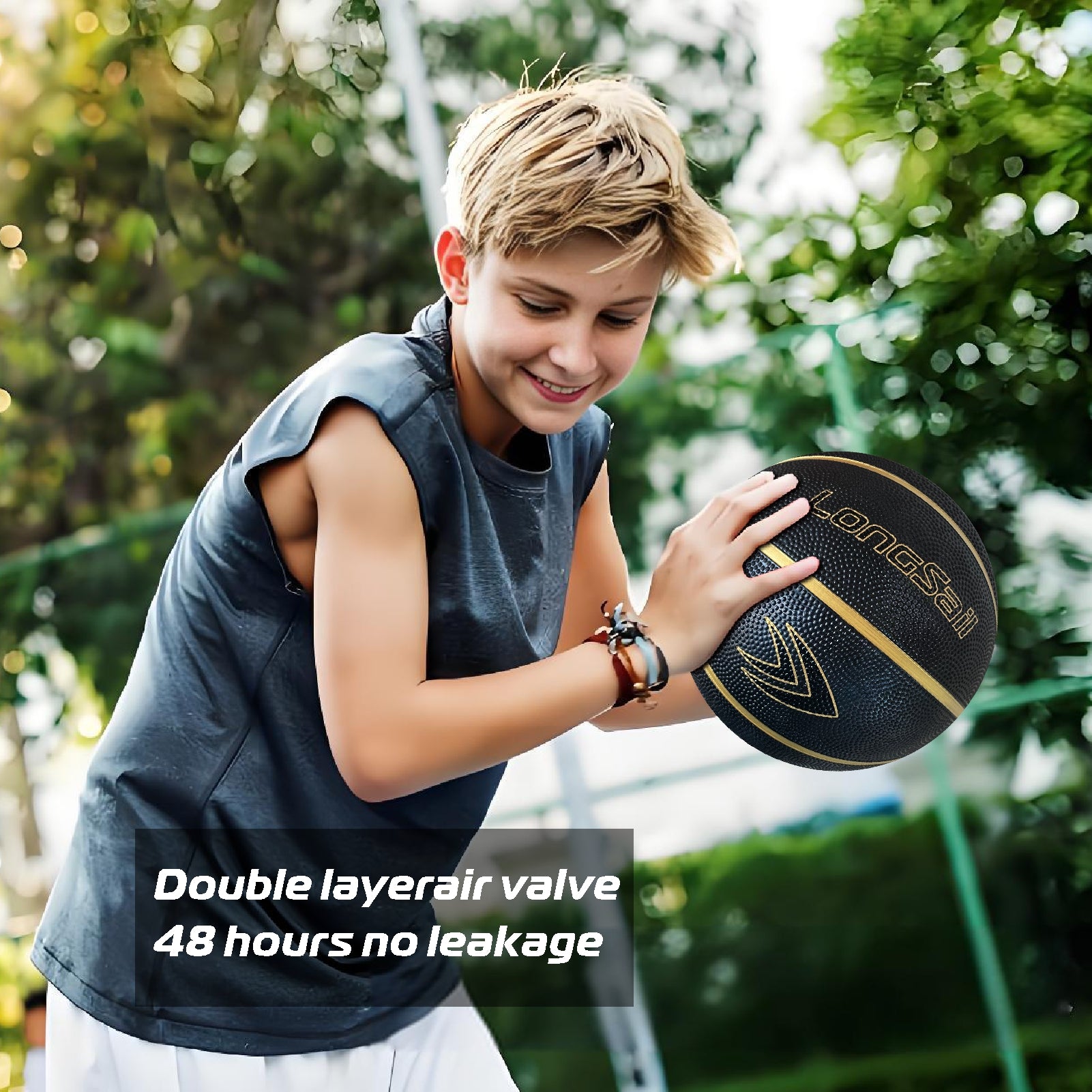 LONGSAIL Ballon de basketball en caoutchouc haute qualité (27,5 po) Taille 5 Noir/Or
