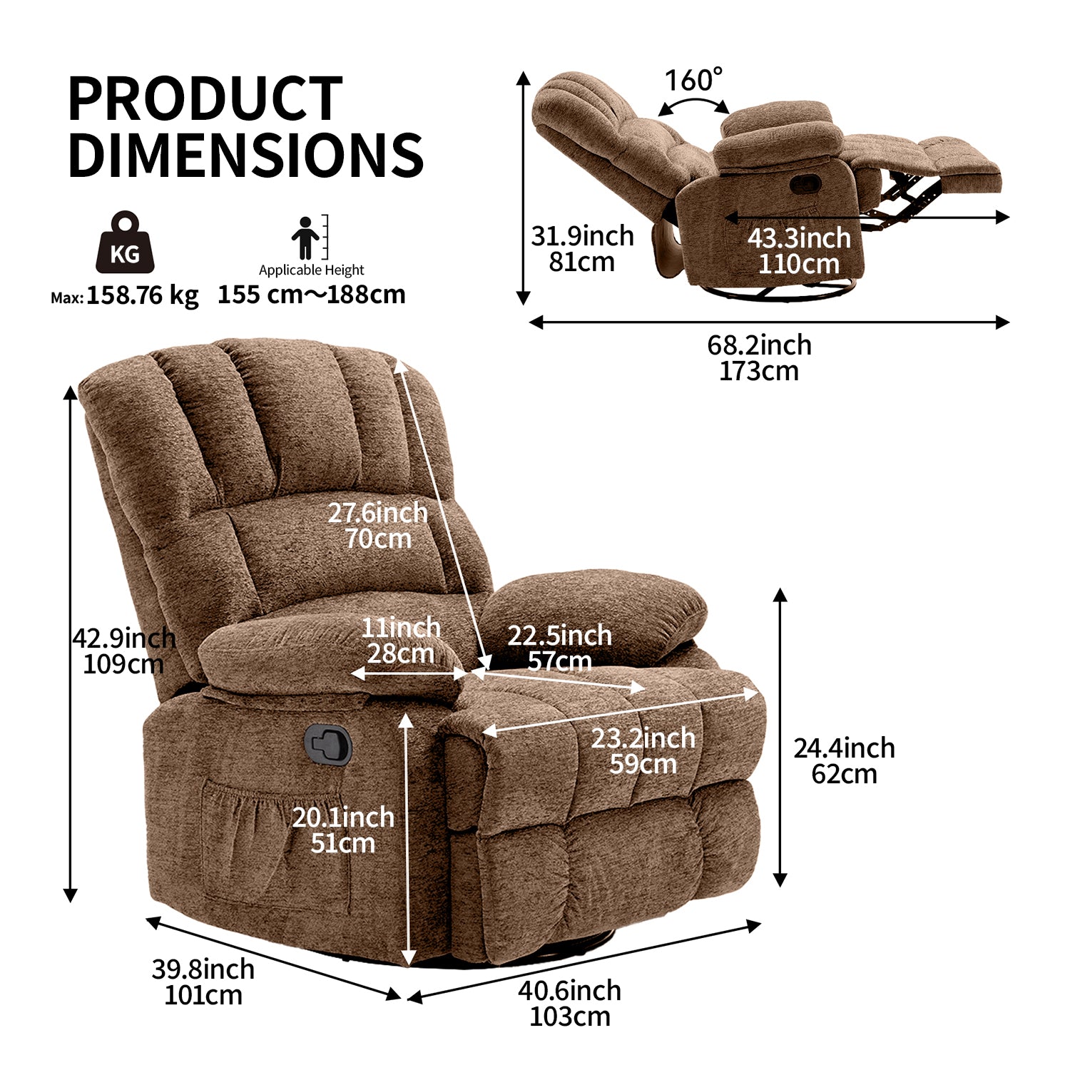 HONEYOU Fauteuil relax pivotant surdimensionné avec cadre OKIN, fauteuil à bascule coulissant 360°, fauteuil relax manuel très rembourré pour salon et chambre, Marron