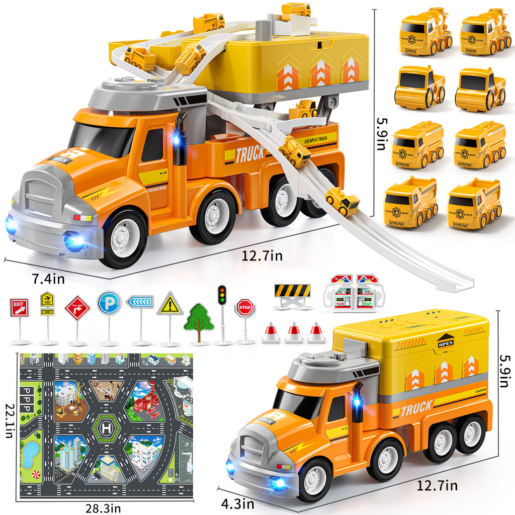 Jouet de transport de voitures Jouet de station de camion mobile avec 8 mini véhicules Piste de course Jouet, Cadeaux d'anniversaire