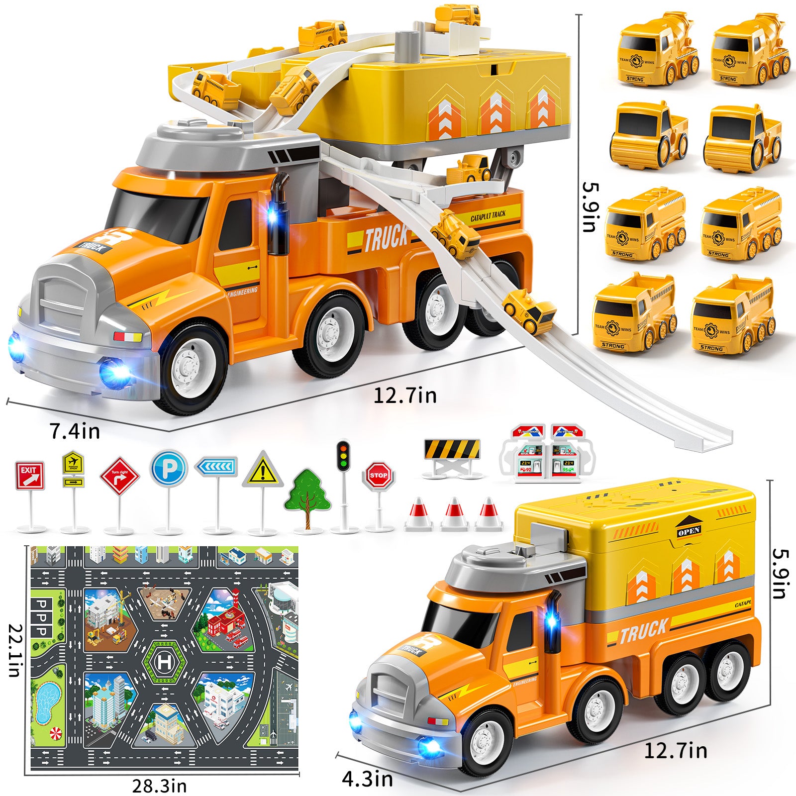 Jouet de transport de voitures Jouet de station de camion mobile avec 8 mini véhicules Piste de course Jouet, Cadeaux d'anniversaire