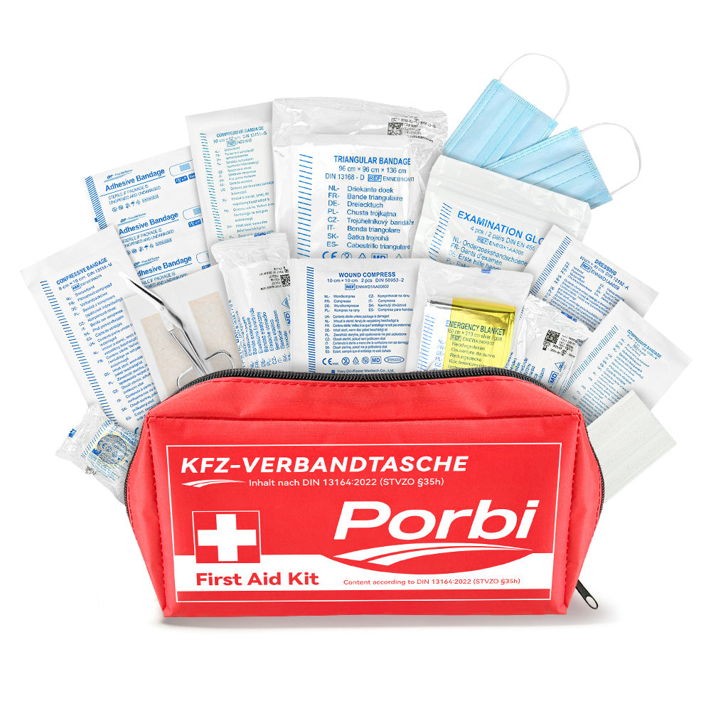 Trousse de premiers secours Porbi pour voiture, conforme à la norme DIN 13164, contient tout le matériel médical d'urgence nécessaire pour véhicules, voyages et accidents de la route, Rouge