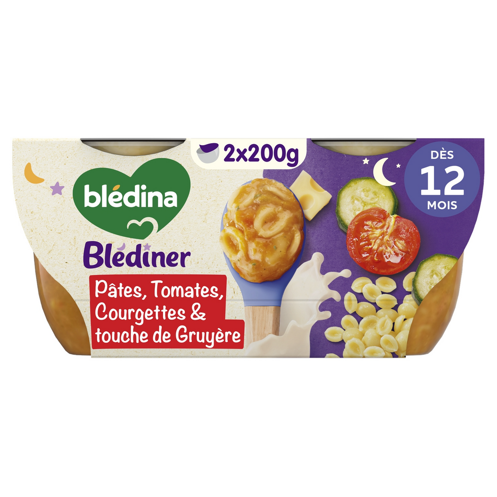 BLEDINA Blédiner Pâtes Tomates Courgettes et Gruyère Repas Bébé Dès 12 Mois 2x200 g