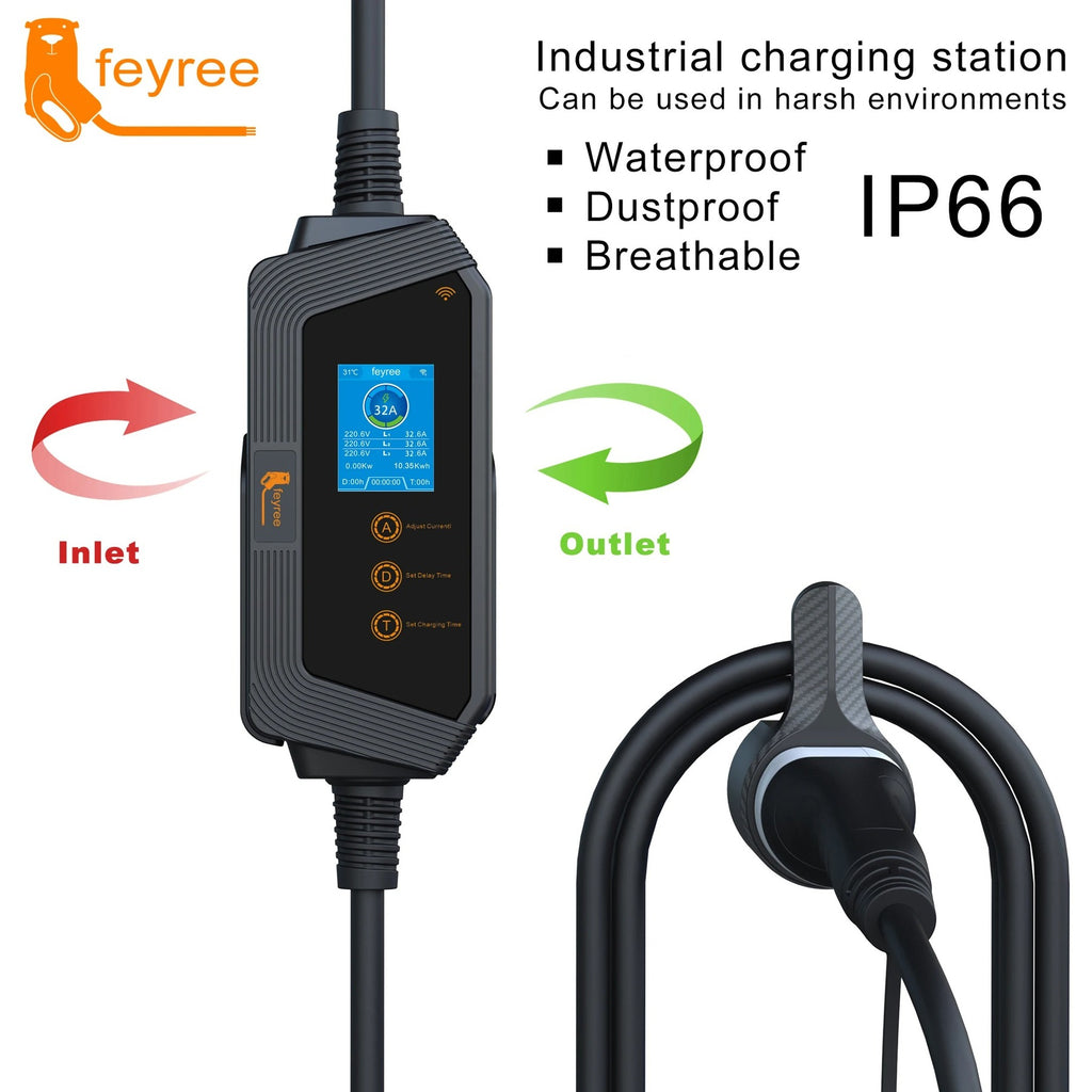 Feyree Chargeur portable pour véhicule électrique 22 kW 32 A triphasé type 2, commande par application Wi-Fi, boîtier de recharge EVSE, station de recharge pour voiture électrique