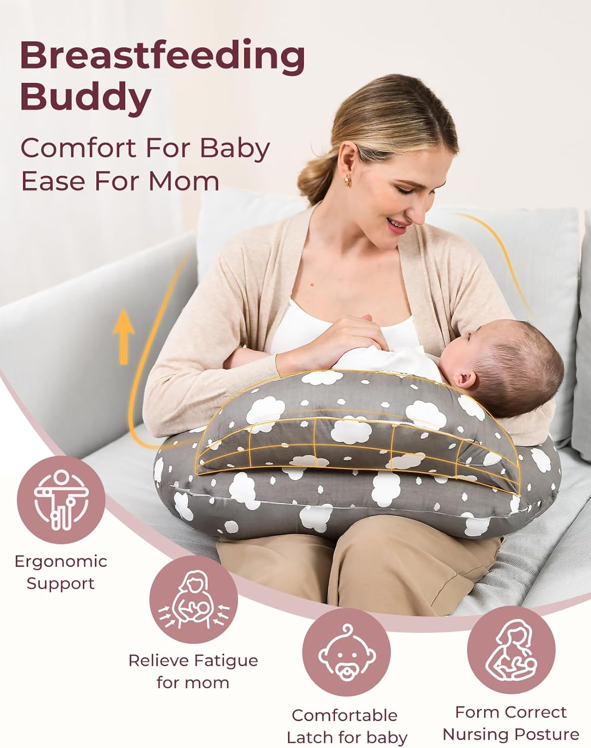 Momcozy Coussin d'allaitement en forme de U en coton tissé (100 % coton) NP001 (Nuage/Forêt animale/Nuage gris/Pluie de météores)