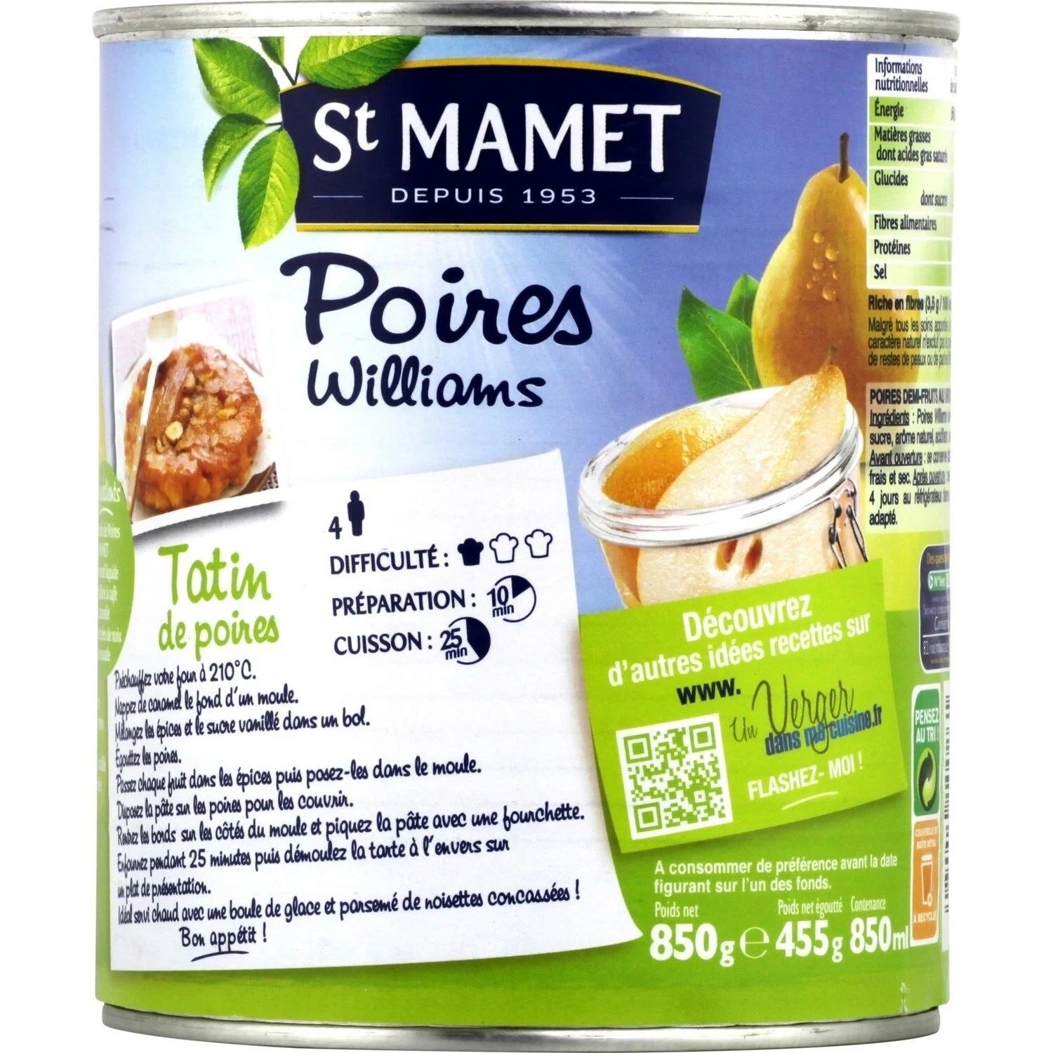 ST MAMET Demi-poires au Williams au sirop léger 455 g (égoutté)