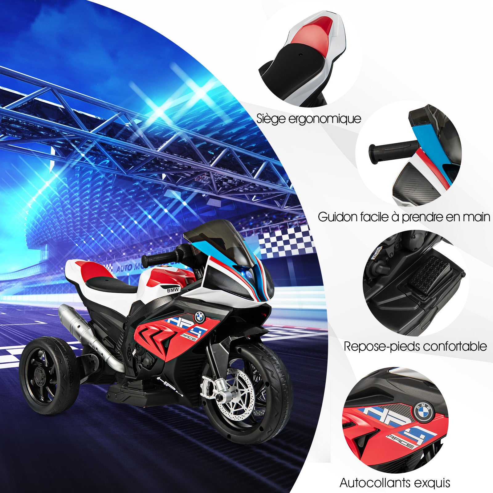 Moto électrique 6 V avec musique et phare avant, moto tricycle, dimensions 82,5 × 42 × 54 cm, rouge