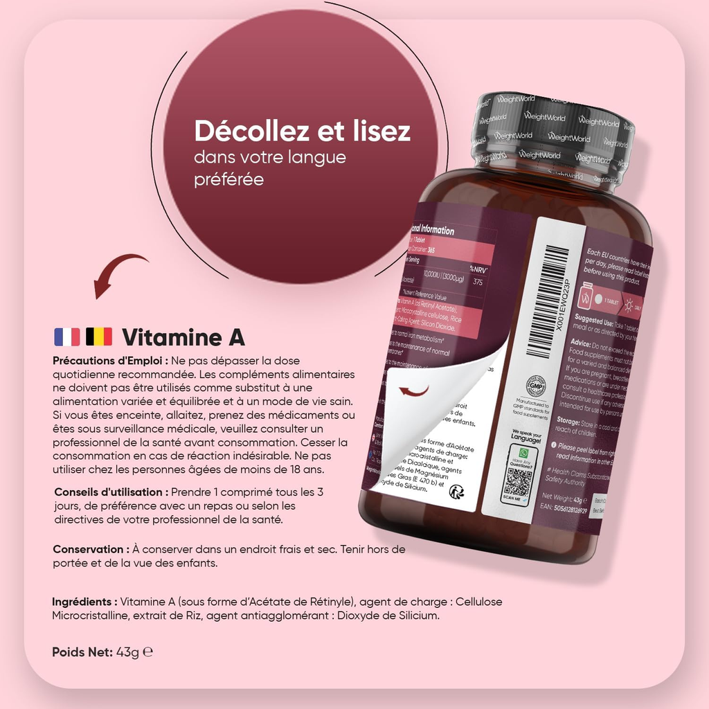 WeightWorld Vitamin A 10000 IE Hochdosiert / Vitamine A 10000 UI (365 Comprimés)