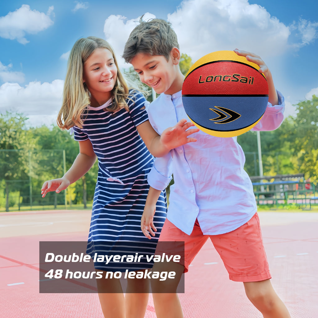 LONGSAIL Ballon de basketball en caoutchouc haute qualité (27,5 po) taille 5 rouge/jaune/bleu