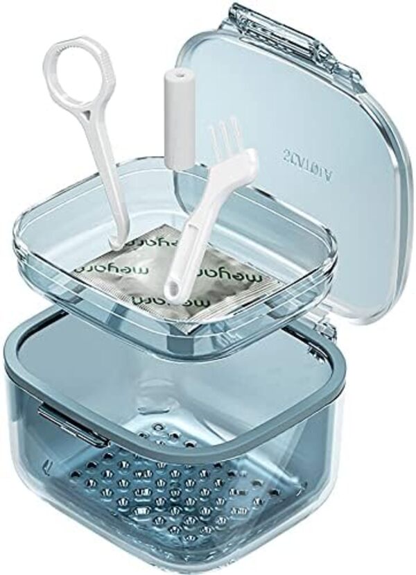GAONLY Boîte pour appareil de contention, boîte de nettoyage pour appareil de contention, bain unique pour prothèses dentaires avec plateau d’égouttage, adapté aux prothèses dentaires