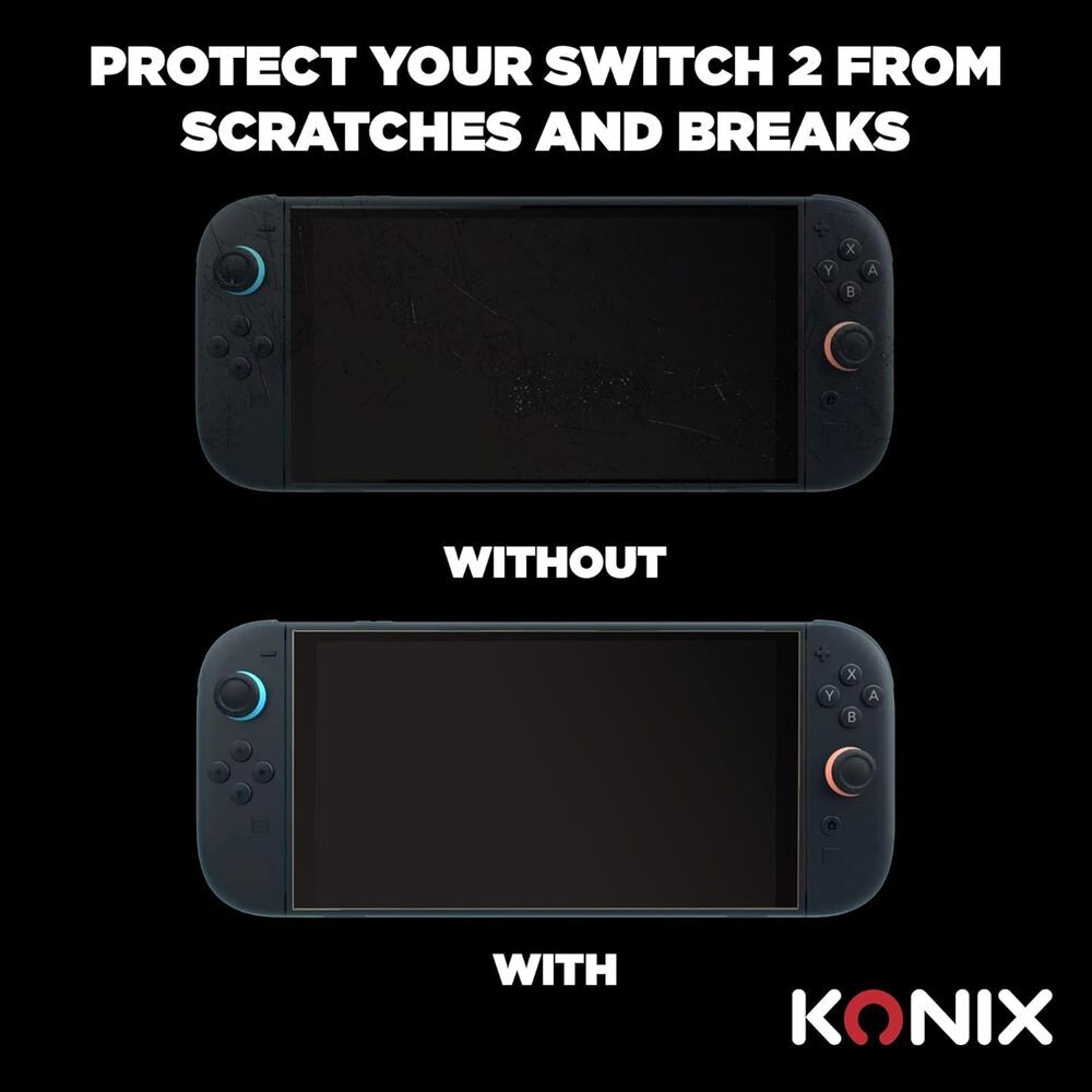 KONIX Protection d'écran en verre trempé pour Nintendo Switch 2 – Filtre anti-lumière bleue – Installation sans bulles – Dureté 9H – 100 % transparent