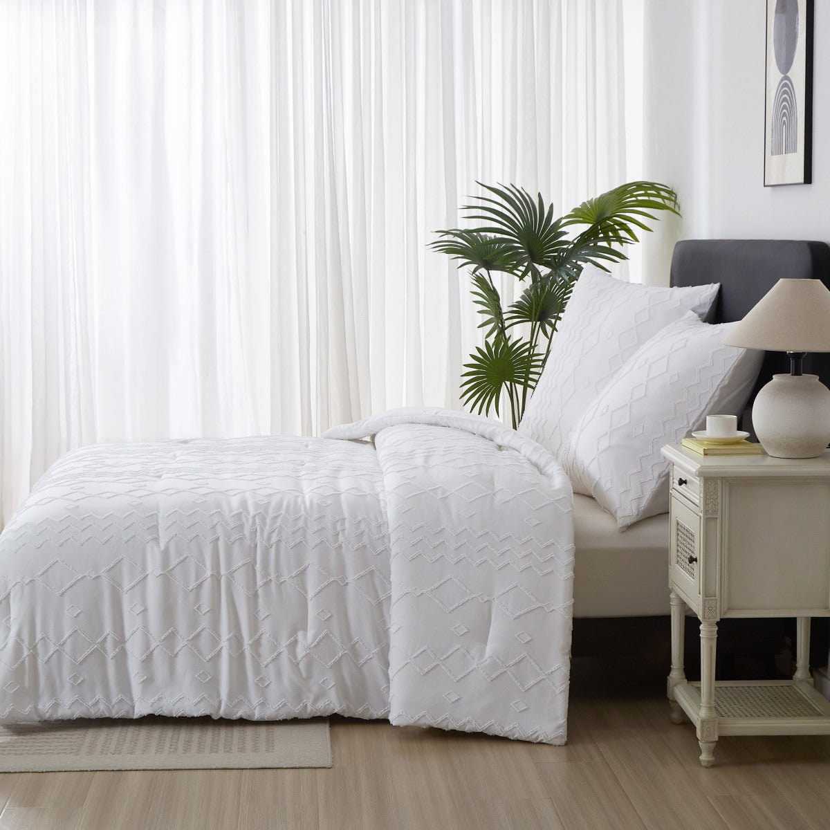 MEEALLHOME Parure de lit tuftée blanc - 1 housse 200 x 220 cm et 2 taies 80 x 80 cm