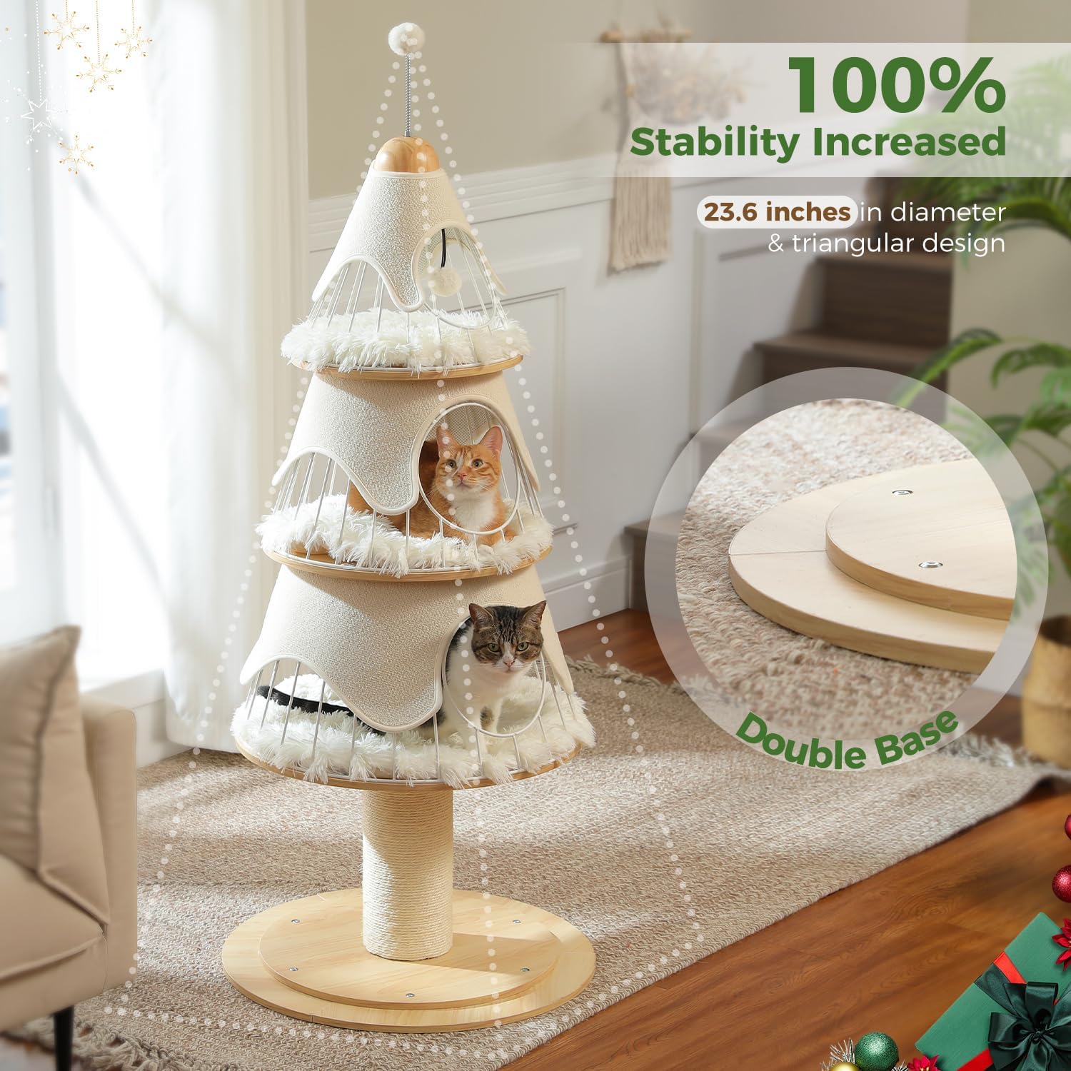 PAWZ Road Arbre de Noël pour chat 130 cm, tour pour chat avec poteau à griffer recouvert de sisal de 14 cm et 3 grandes niches pour chat, grand poteau à griffer pour chats d’intérieur, Blanc