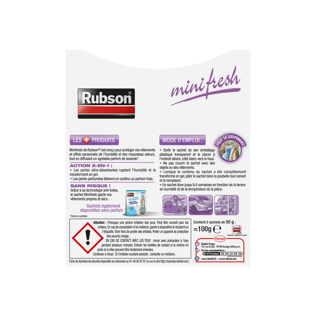 Henkel Rubson | Absorbeur d’Humidité Minifresh Parfum Lavande (2 sachets de 50 g) – Idéal pour dressing, penderie, tiroir et placard – Efficace jusqu'à 6 semaines