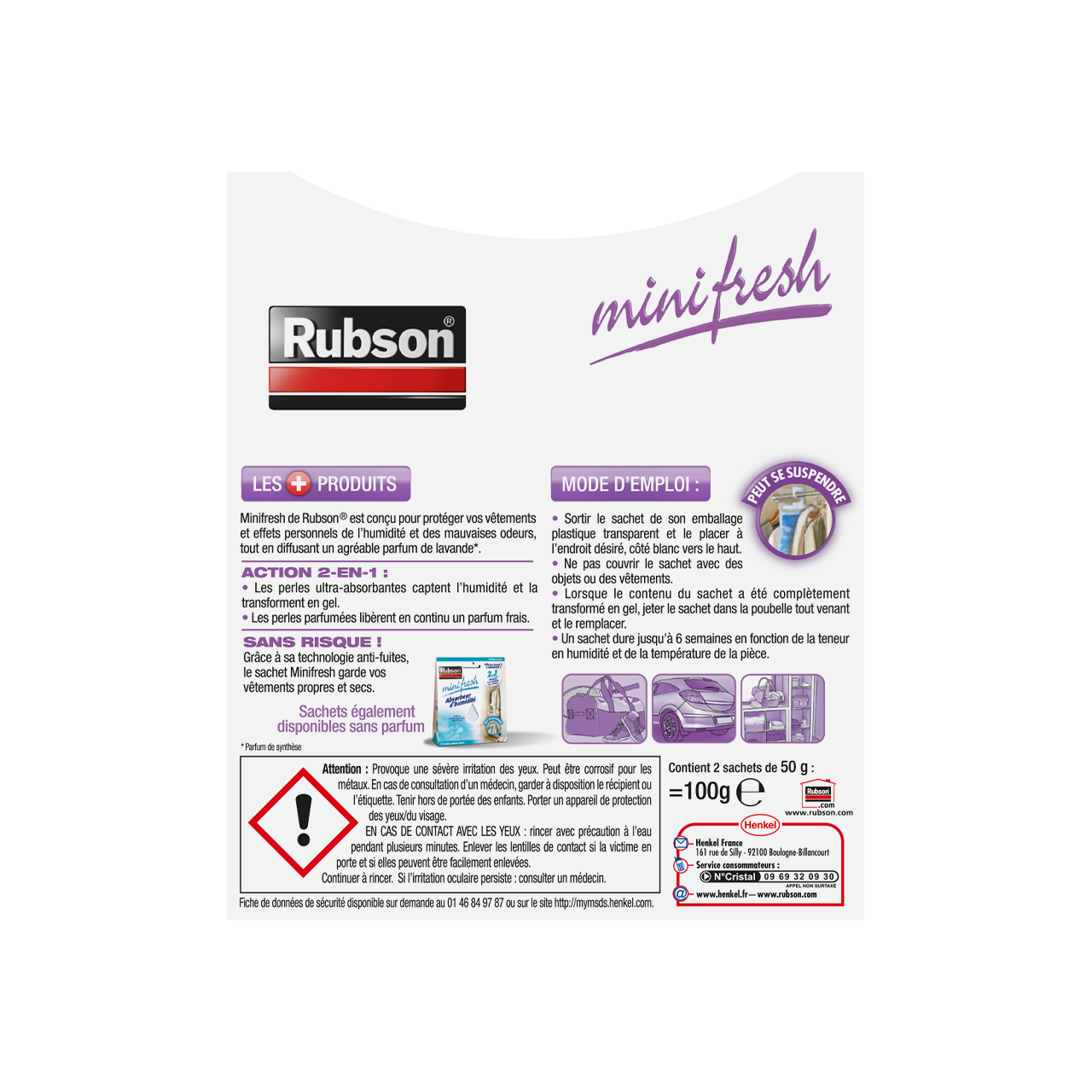 Henkel Rubson | Absorbeur d’Humidité Minifresh Parfum Lavande (2 sachets de 50 g) – Idéal pour dressing, penderie, tiroir et placard – Efficace jusqu'à 6 semaines