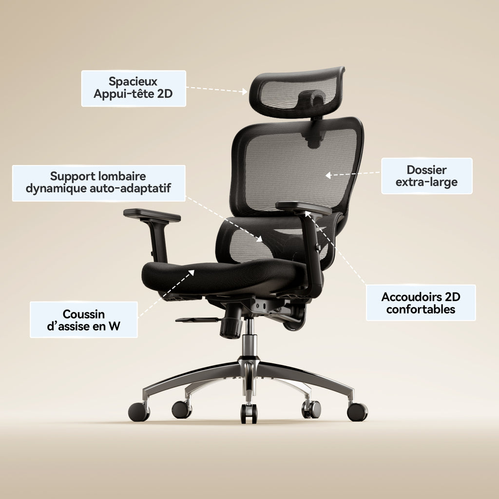 SIHOO Chaise de bureau ergonomique - Chaise de bureau réglable avec soutien lombaire 3D dynamique, dossier en mesh respirant, appuie-tête réglable et accoudoirs en PU pour bureau à domicile - (Noir)