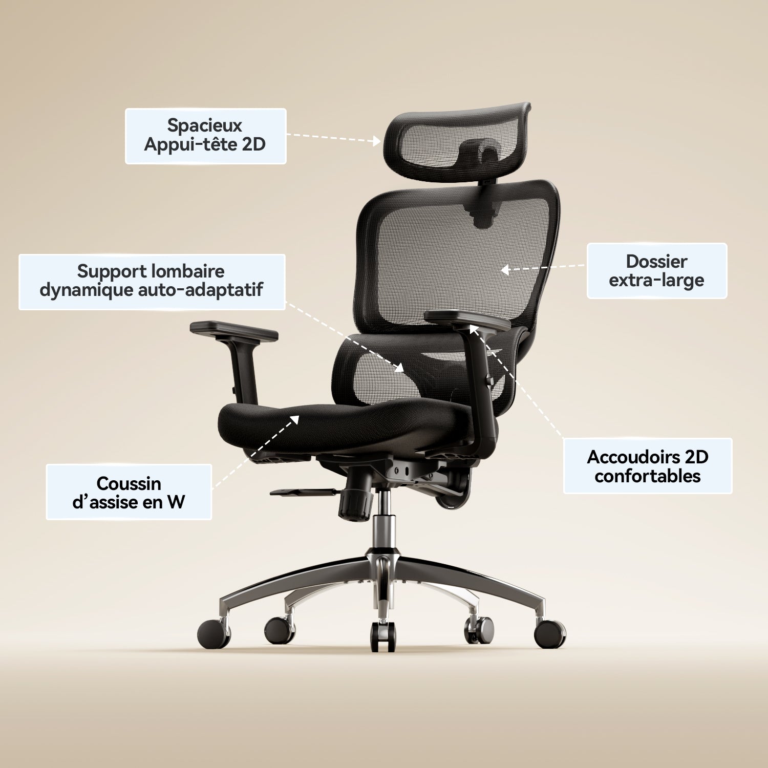 SIHOO Chaise de bureau ergonomique - Chaise de bureau réglable avec soutien lombaire 3D dynamique, dossier en mesh respirant, appuie-tête réglable et accoudoirs en PU pour bureau à domicile - (Noir)