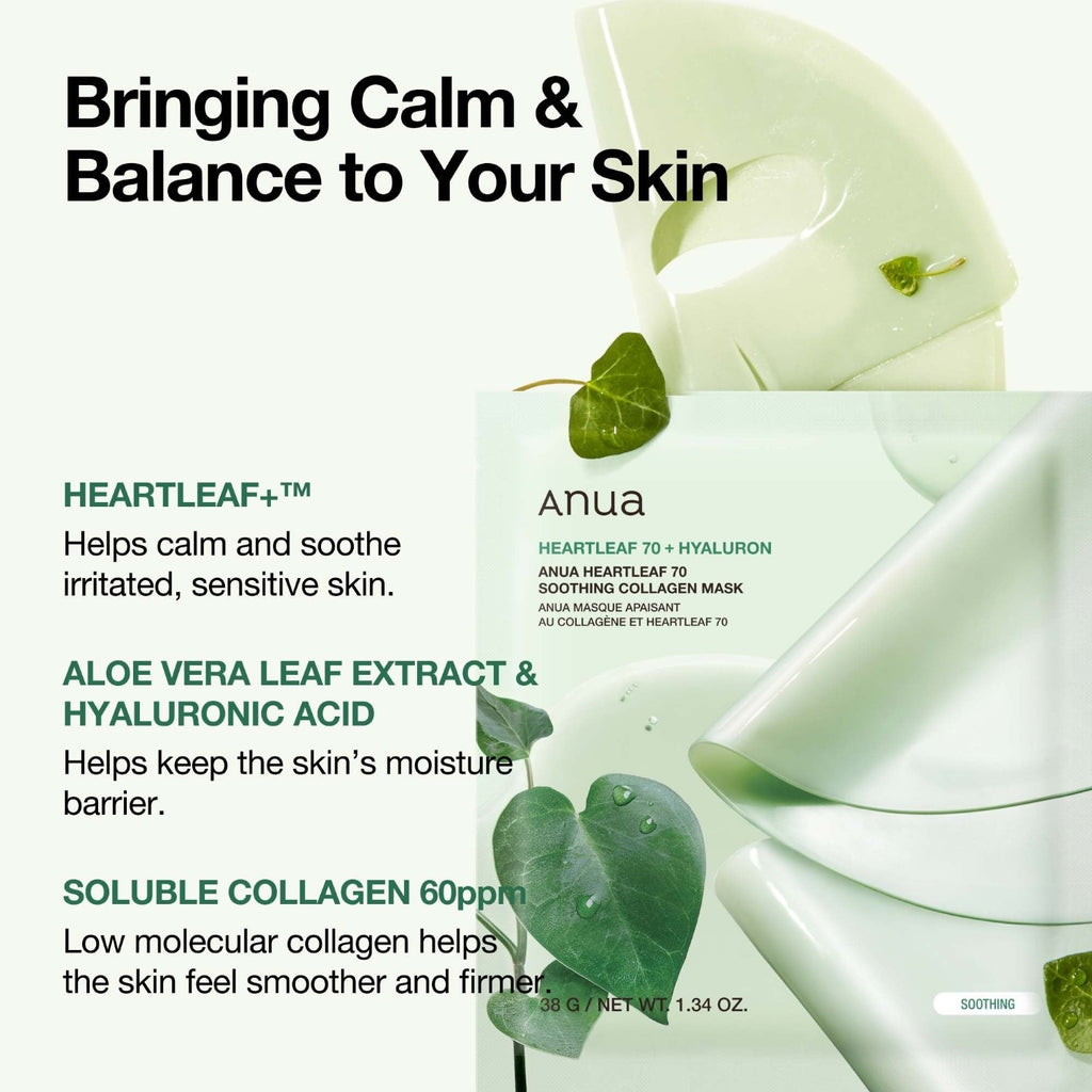 Anua Heartleaf 70 Masque Apaisant Collagène 38 g (1 Pièce) * 4 Ensembles EU