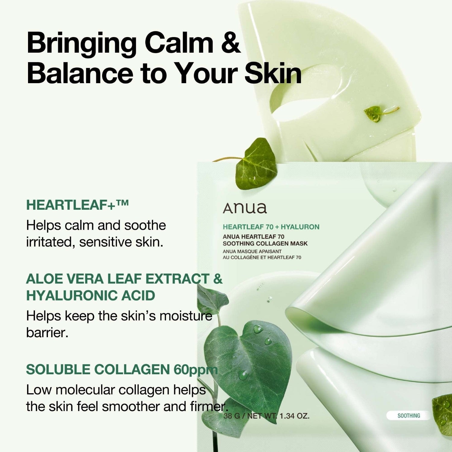 Anua Heartleaf 70 Masque Apaisant Collagène 38 g (1 Pièce) * 4 Ensembles EU