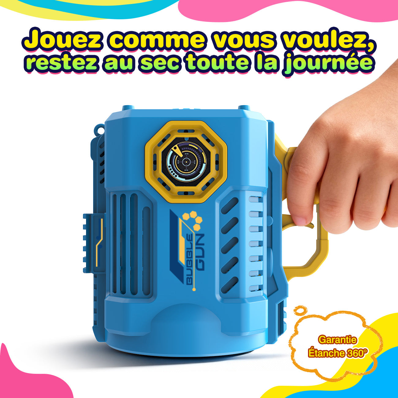 TOKKY Pistolet à bulles électrique 36 trous pour enfants avec lumières colorées et liquide à bulles de remplacement - Bleu