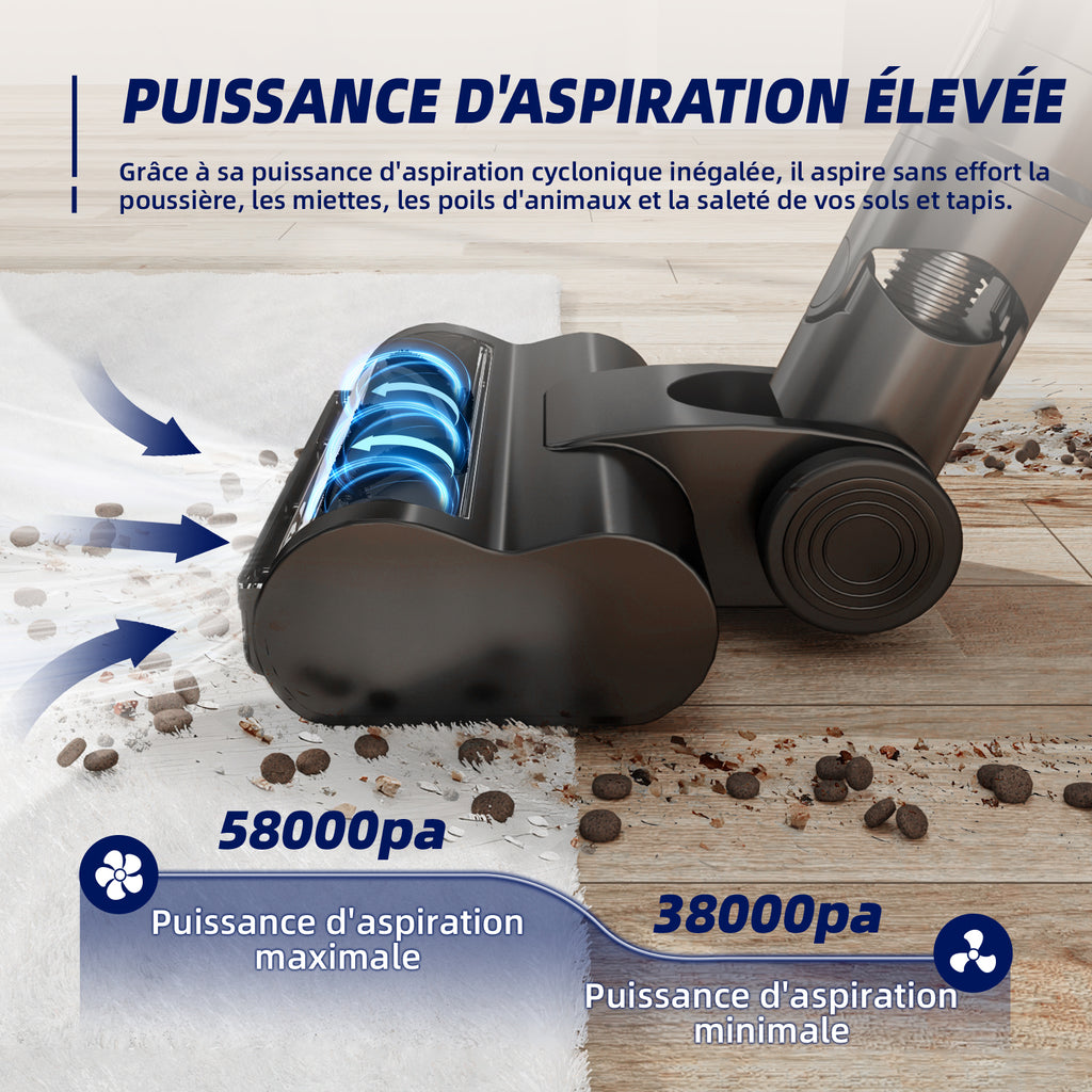 Daynee Aspirateur sans fil 58 kPa aspiration puissante avec écran d'affichage filtration HEPA*4 pour poils d'animaux tapis sols durs