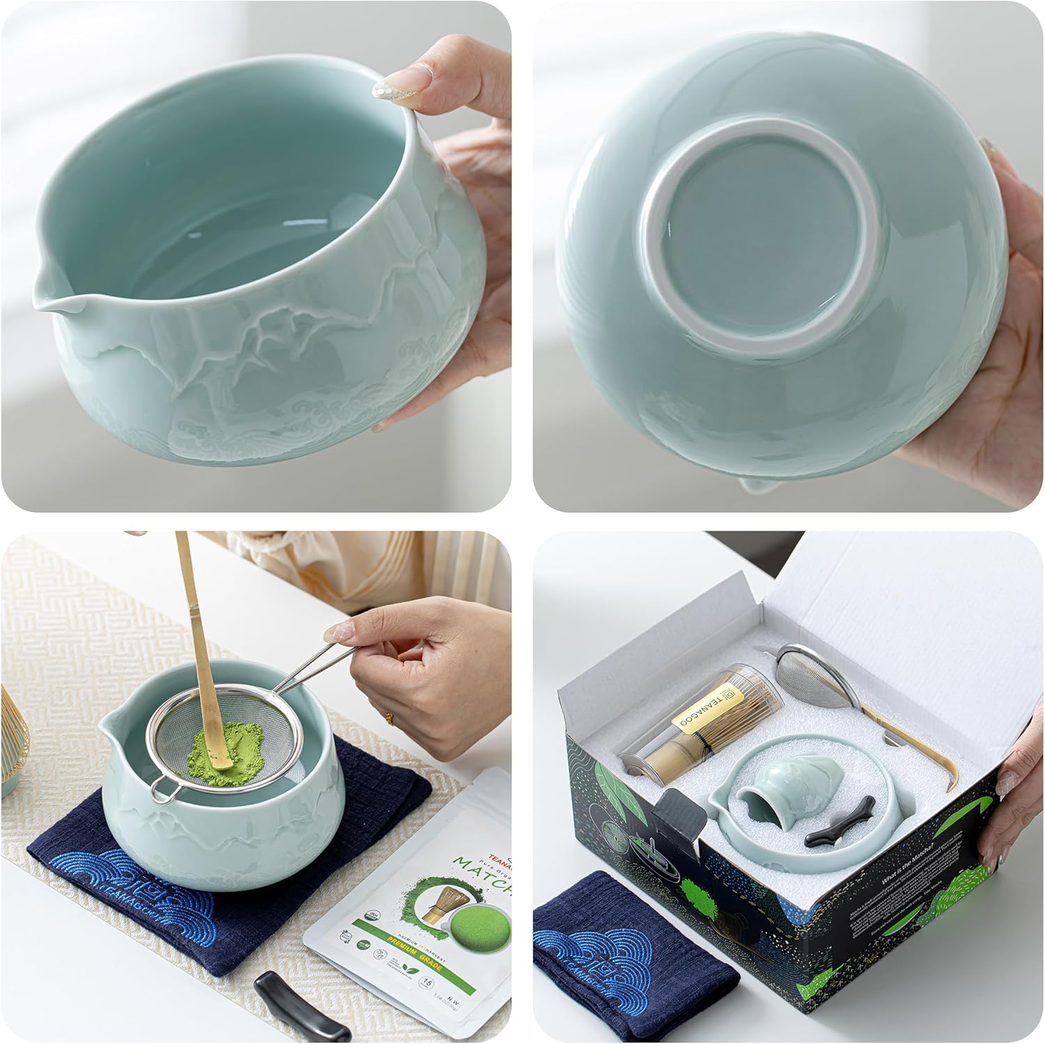 TEANAGOO Set de cérémonie du matcha en céramique 7 pièces avec fouet, bol, cuillère doseuse et tamis pour préparation de latté, cadeau pour amateurs de matcha