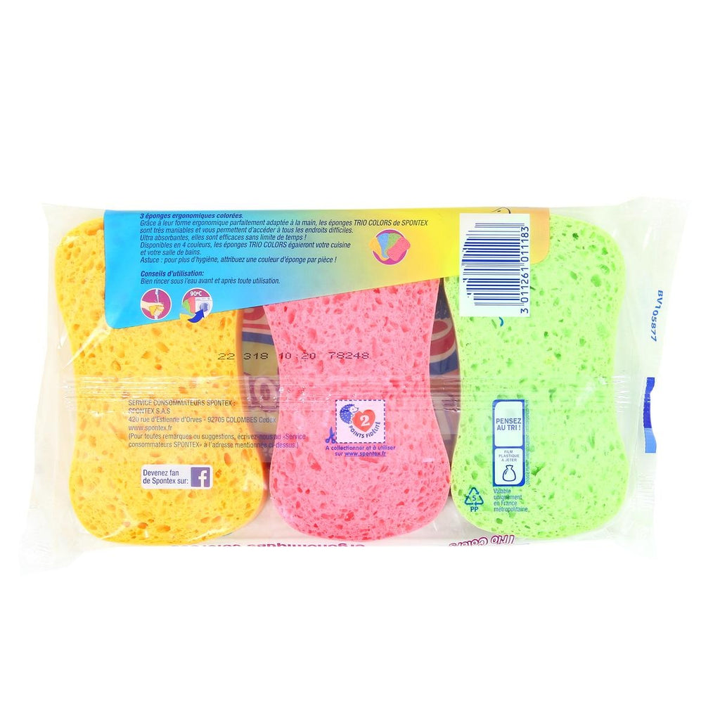 Spontex Éponges à Vaisselle Ergonomiques, Tricolores, Super Absorbantes, Lot de 3