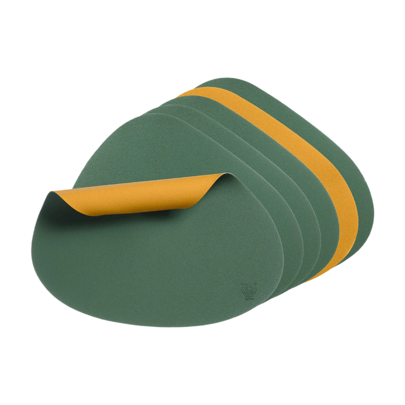 BJÖRN Lot de 6 sets de table réversible à bord arrondi en cuir recyclé - Jaune moutarde et vert sapin
