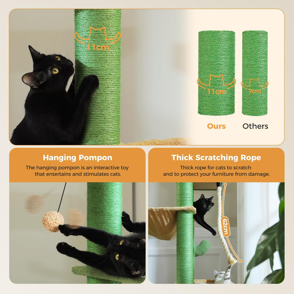 PAWZ Road Grand arbre à chat stable à plusieurs niveaux, Arbre à chat XXL avec hamac 170 cm, 13 poteaux en sisal diamètre 11 cm, Grande plateforme, Niche, Corbeilles, Vert