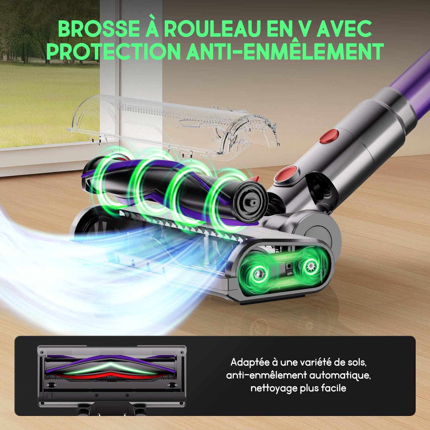 Aspirateur sans fil Daynee, aspiration 65 kPa / autonomie de 70 min, avec affichage, tuyau de 1 m, brosse anti-emmêlement, filtration HEPA*4, pour poils d'animaux, tapis et sols durs