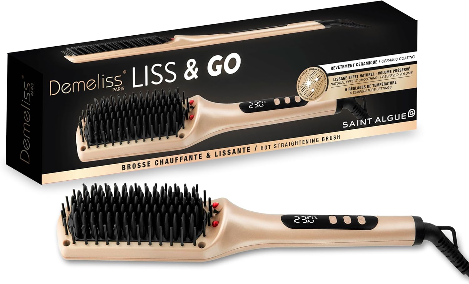 Saint Algue Demeliss LISS & GO Brosse chauffante – Revêtement en céramique – Technologie ionique – 6 réglages de température jusqu’à 230 °C – Lissage naturel avec volume préservé – Or
