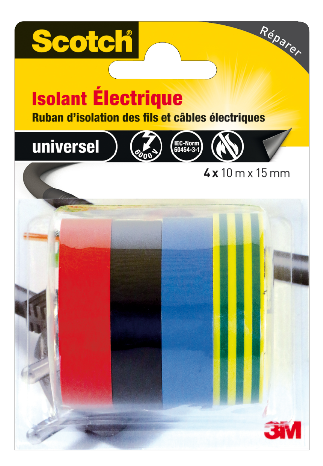 Scotch®Isolant Electrique Noir/Jaune/Vert/Bleu 10M X 15mm