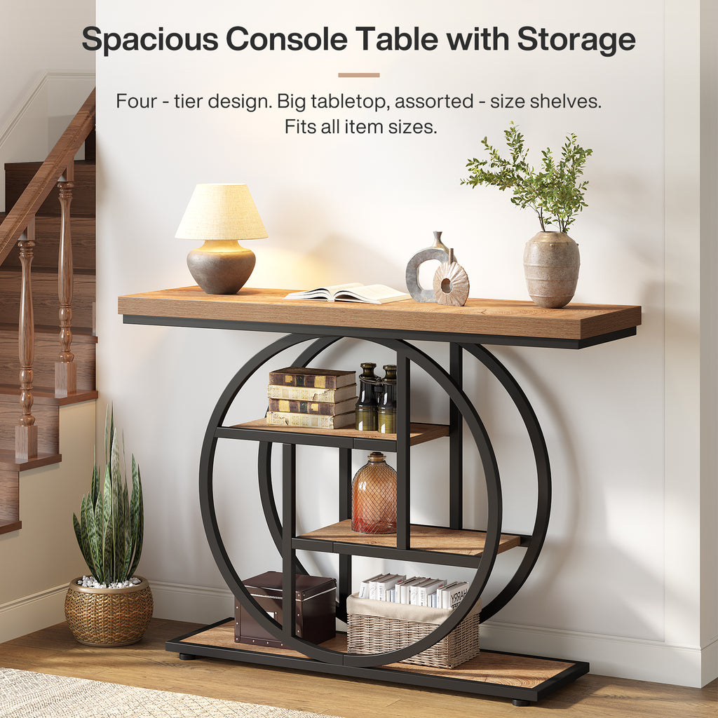Tribesigns Table console 105 cm, Table derrière canapé industrielle à 4 niveaux pour entrée avec base circulaire, Table d'appoint étroite en bois avec étagères de rangement pour salon