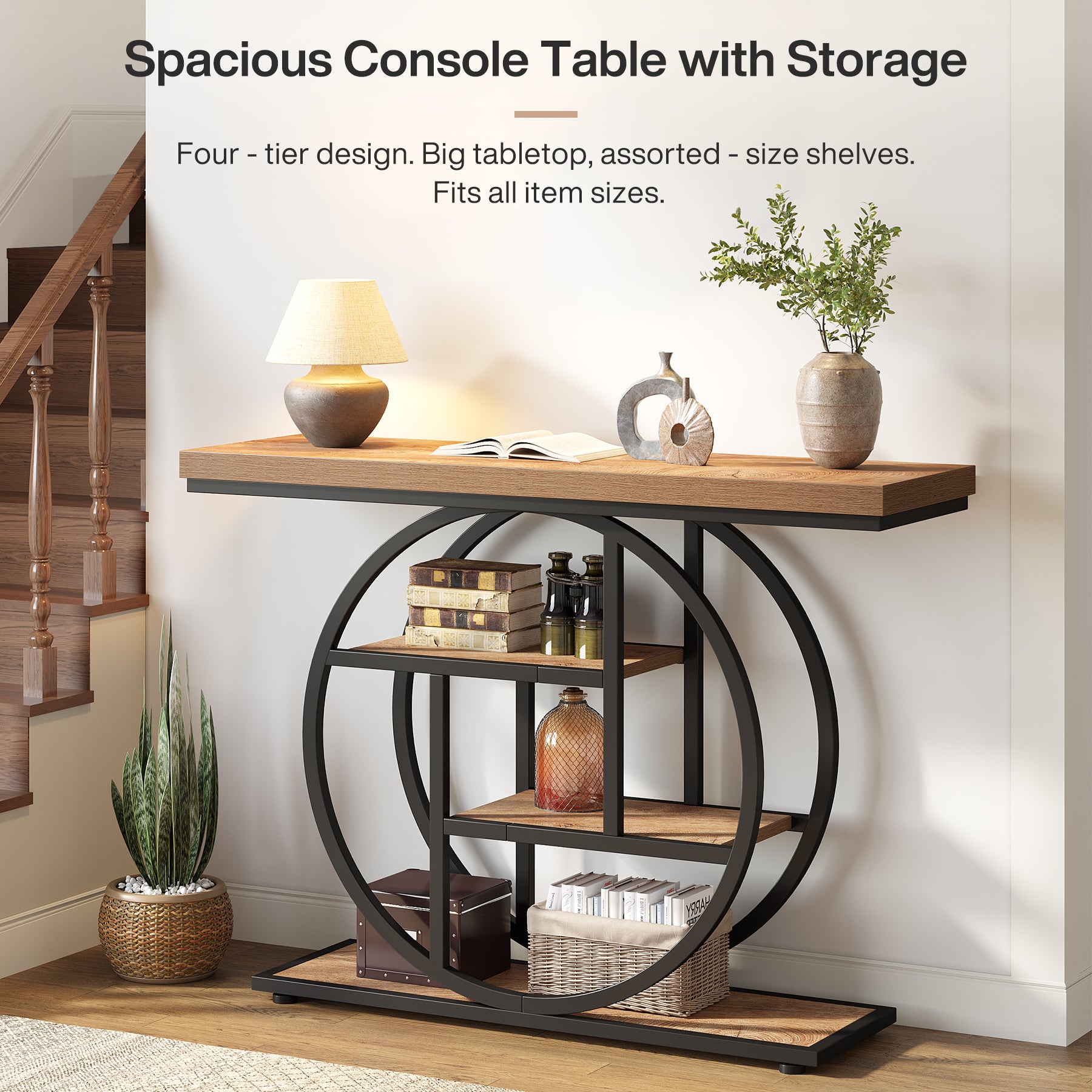 Tribesigns Table console 105 cm, Table derrière canapé industrielle à 4 niveaux pour entrée avec base circulaire, Table d'appoint étroite en bois avec étagères de rangement pour salon