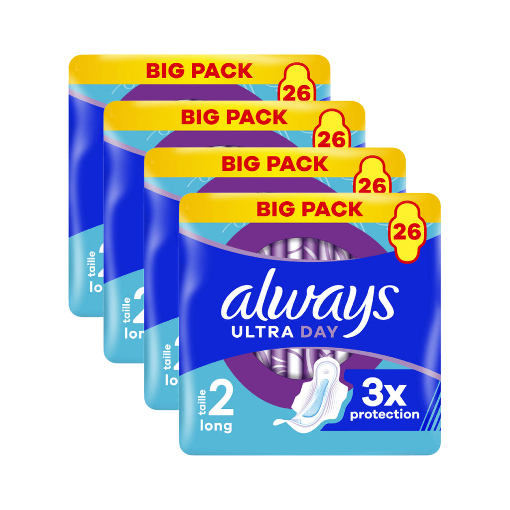 Always Ultra Serviettes Hygiéniques de Jour Longue Longueur (Taille 2) Avec Ailettes 104 Serviettes Ultra Fines Super Absorbantes (4 Paquets de 26)