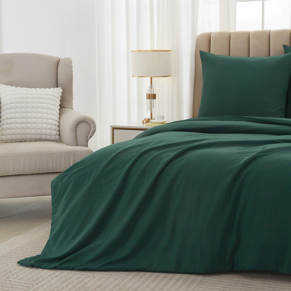 MEEALLHOME Parure de lit en flanelle lavée vert foncé - 1 housse 155 x 220 cm et 2 taies 80 x 80 cm