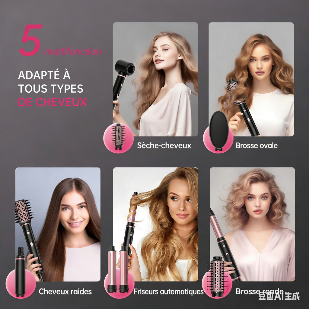 Nicebay Sèche-cheveux à brosse sans balais 110 000 tr/min, 5 fonctions multi-styler pour séchage rapide, bouclage, volume et lissage, brosse soufflante à haute vitesse pour tous les types de cheveux