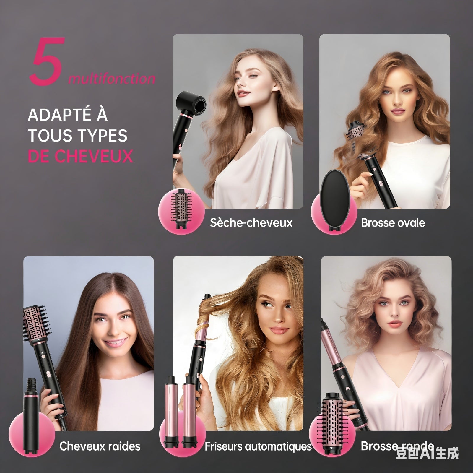 Nicebay Sèche-cheveux à brosse sans balais 110 000 tr/min, 5 fonctions multi-styler pour séchage rapide, bouclage, volume et lissage, brosse soufflante à haute vitesse pour tous les types de cheveux