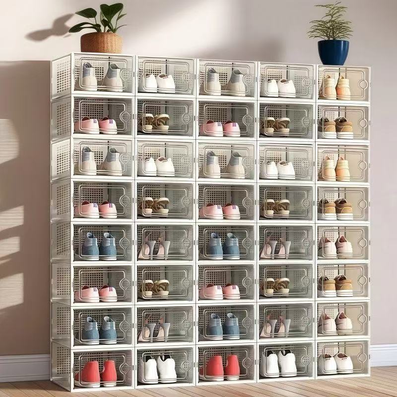 Vilscijon Lot de 12 boîtes de rangement magnétiques pour chaussures en plastique transparent avec porte à fermeture automatique - Blanc