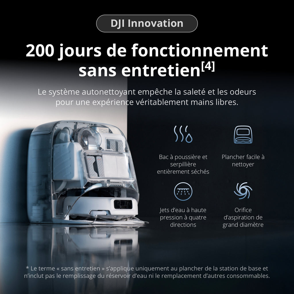 DJI ROMO P Aspirateur Robot Laveur avec design Transparent, Aspiration 25 000 Pa, Détection De Niveau Drone, Deux Bras Robotiques, Fonctionnement sans Entretien 200 Jours