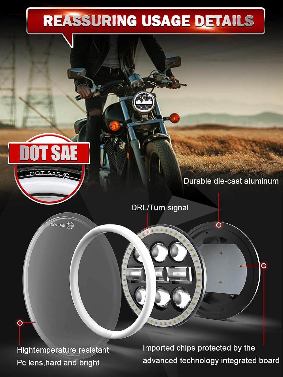CO LIGHT 5-3/4 5,75 pouces Projecteur LED Halo pour moto, phare à faisceaux haut/bas, blanc/ambre, DRL, projecteur LED, phare à faisceau scellé, 1 pièce