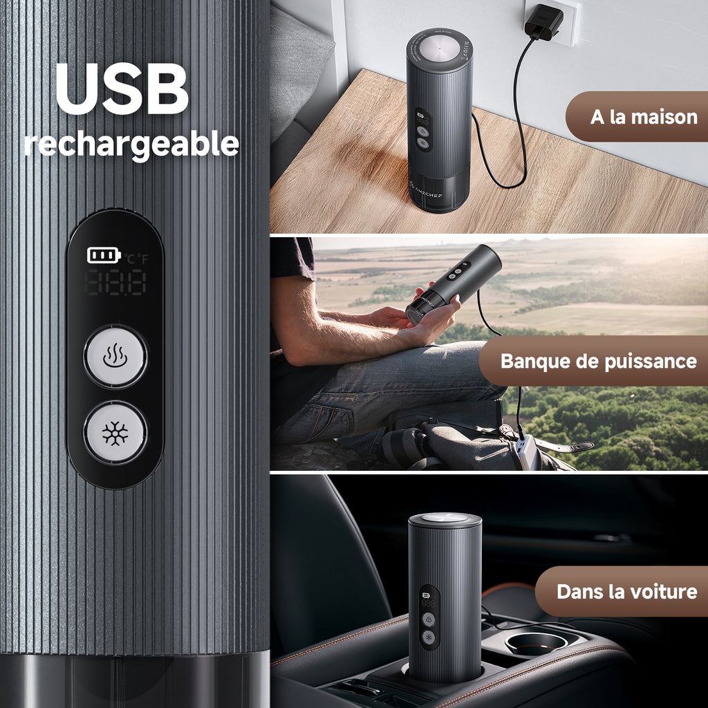 AMZCHEF Machine à Café Électrique Portable 2-en-1 (Modèle CP024) | Machine à Espresso de Voyage Haute Pression 20 Bars | Batterie 9000mAh, Chauffe Rapide 150W