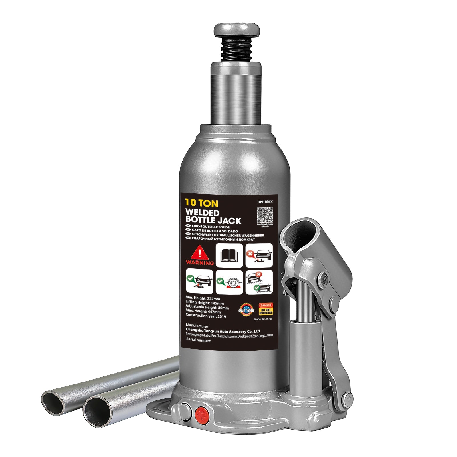 TCE Cric Bouteille Hydraulique Vertical de Qualité Industrielle 10t 222-448mm Base en Acier Forgé Tige de Piston Chromée avec Soupape de Sécurité Anti-Débordement pour Camions Lourds