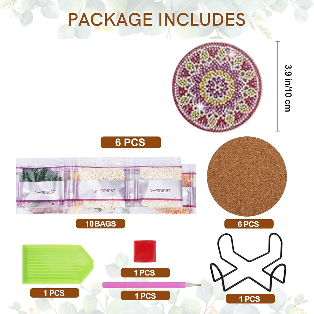Ju7cer Lot de 6 sous-verres de peinture aux diamants (avec support) - Art de diamants mandala DIY | Fournitures de loisirs créatifs pour débutants adultes 10 × 10 cm (4 × 4 pouces)