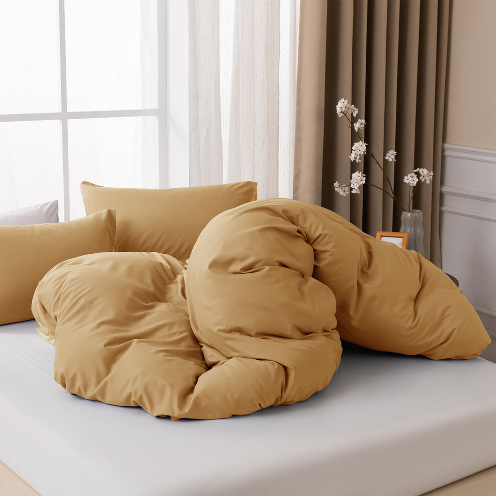 MENDALE Parure de couette - Parure de lit premium - Housse de couette 200*200 cm avec taie d'oreiller 65*65 cm - Microfibre douce brossée - Brun & jaune
