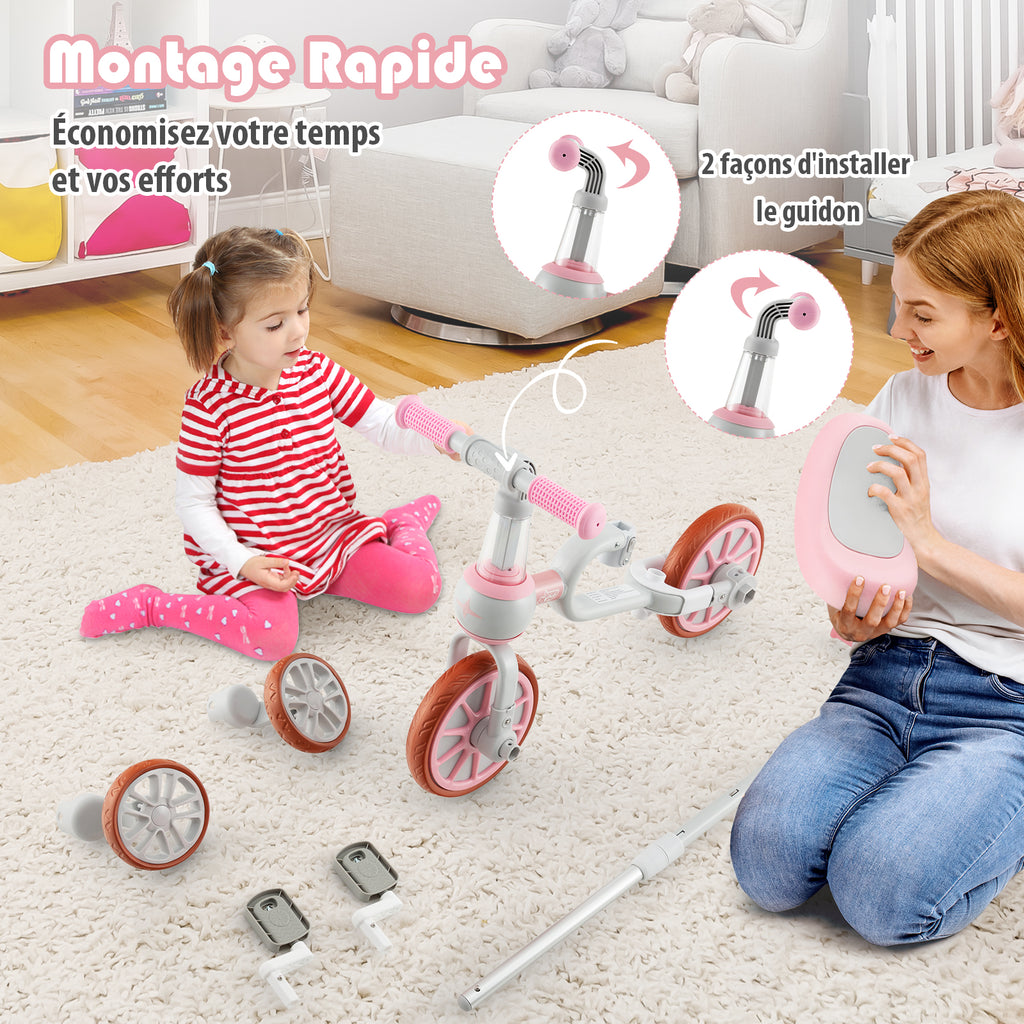 Costway Tricycle enfant 4-en-1 avec barre de poussée parentale réglable, adapté aux 2-4 ans - Rose
