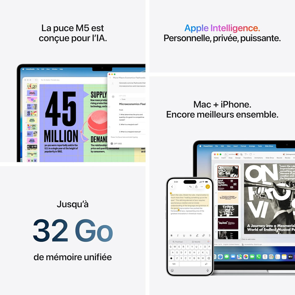 Apple MacBook Air 13 pouces Puce M5 CPU 10 cœurs GPU 10 cœurs 16 Go RAM 1 To SSD Lumière stellaire, AZERTY