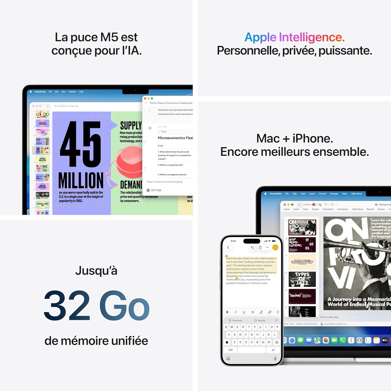 Apple MacBook Air 13 pouces Puce M5 CPU 10 cœurs GPU 10 cœurs 16 Go RAM 1 To SSD Lumière stellaire, AZERTY