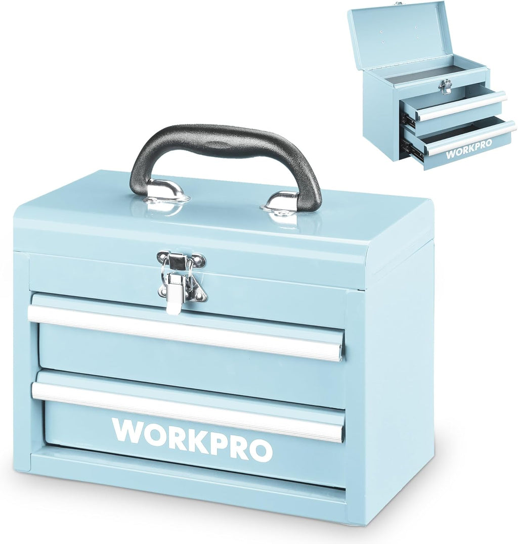 WORKPRO Boîte à outils portable en métal avec 2 tiroirs et espace de rangement supérieur, Bleu clair, 27,5 x 15 x 20,8 cm, Organiseur de table avec tiroirs et poignée pour bureau
